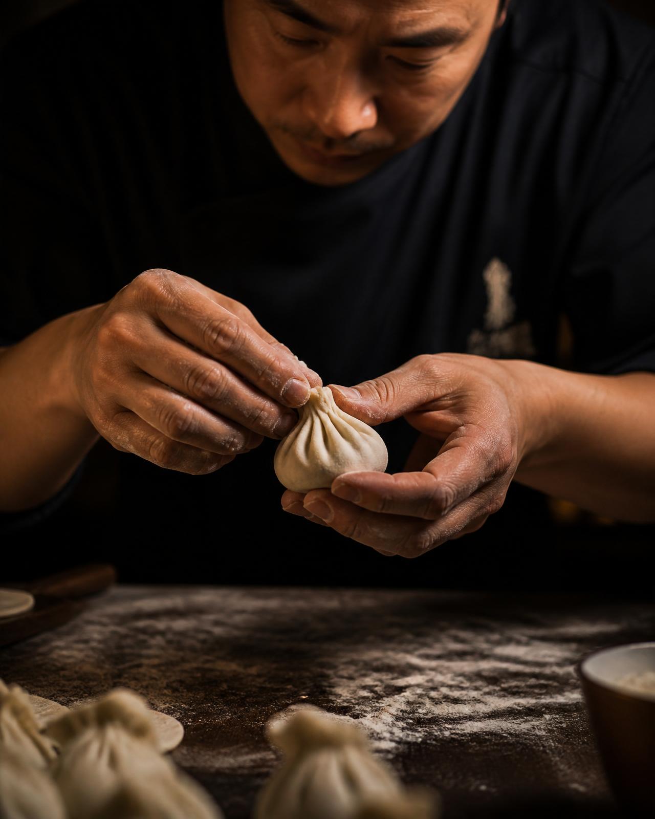 Chef shaping a dumpling by hand